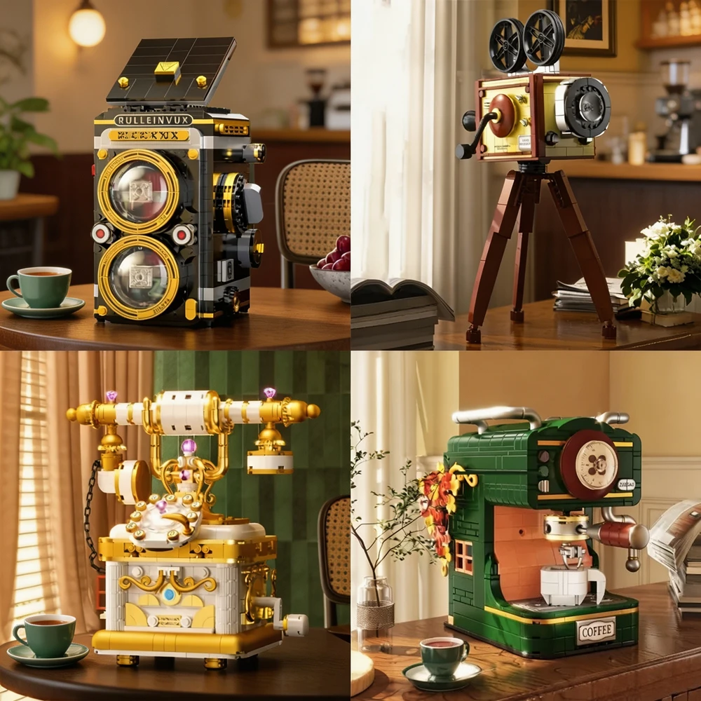 Collectible Vintage Cameras - เครื่องชงกาแฟรูปทรงกล้องวินเทจเรโทร ชุดตัวต่อมินิบล็อก DIY สำหรับประกอบเป็นของตกแต่งโต๊ะ ของสะสม