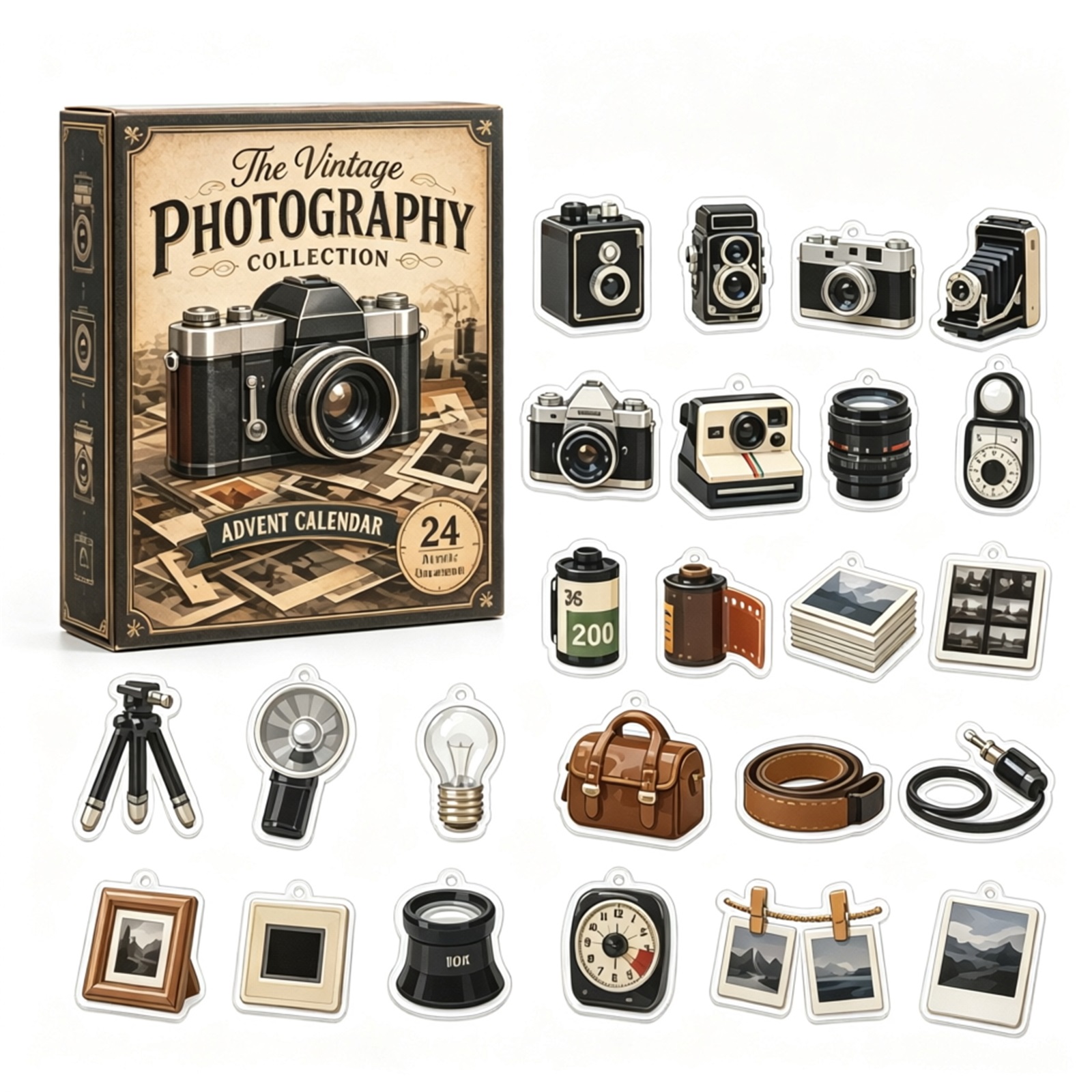Collectible Vintage Cameras - ปฏิทินจุติคอลเลกชันภาพถ่ายวินเทจปี 2026 ประกอบด้วยของตกแต่งแขวนธีมกล้องถ่ายรูปเรโทรแบบอะคริลิกแบน 2 มิติ จำนวน
