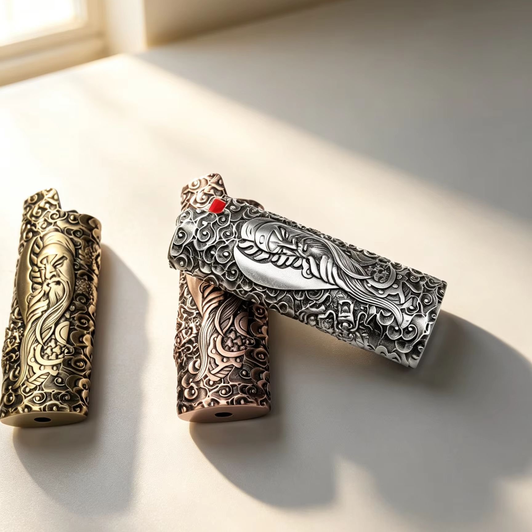 Vintage Collectibles - เคสไฟแช็กโลหะผสมสังกะสีสำหรับ BIC J6 ลายกวนอู 3D ป้องกันรอยขีดข่วน