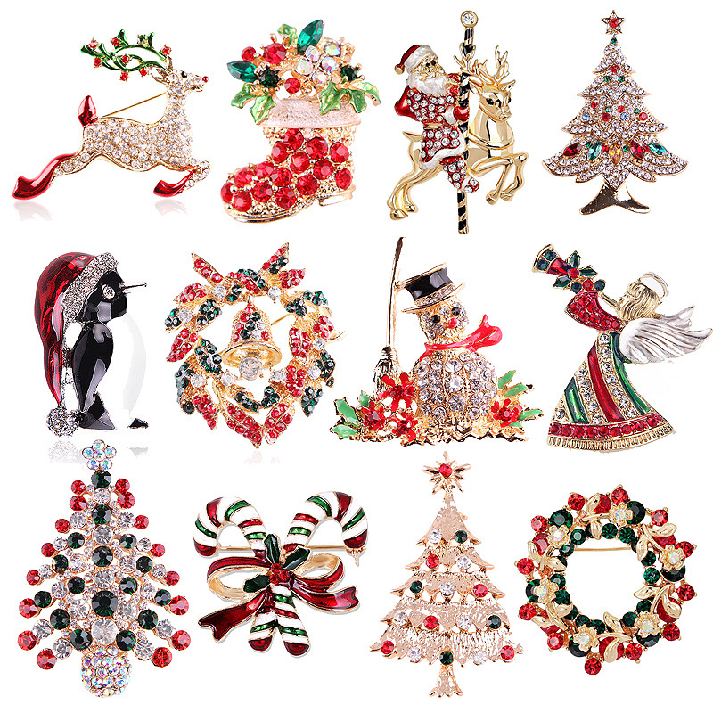 Vintage Collectible Clothing - คอลเลกชันเข็มกลัดคริสต์มาสประดับคริสตัลวินเทจ, เข็มกลัดรูปต้นคริสต์มาส กวางเรนเดียร์ ซานตา มนุษย์หิมะ พวงหรีด,