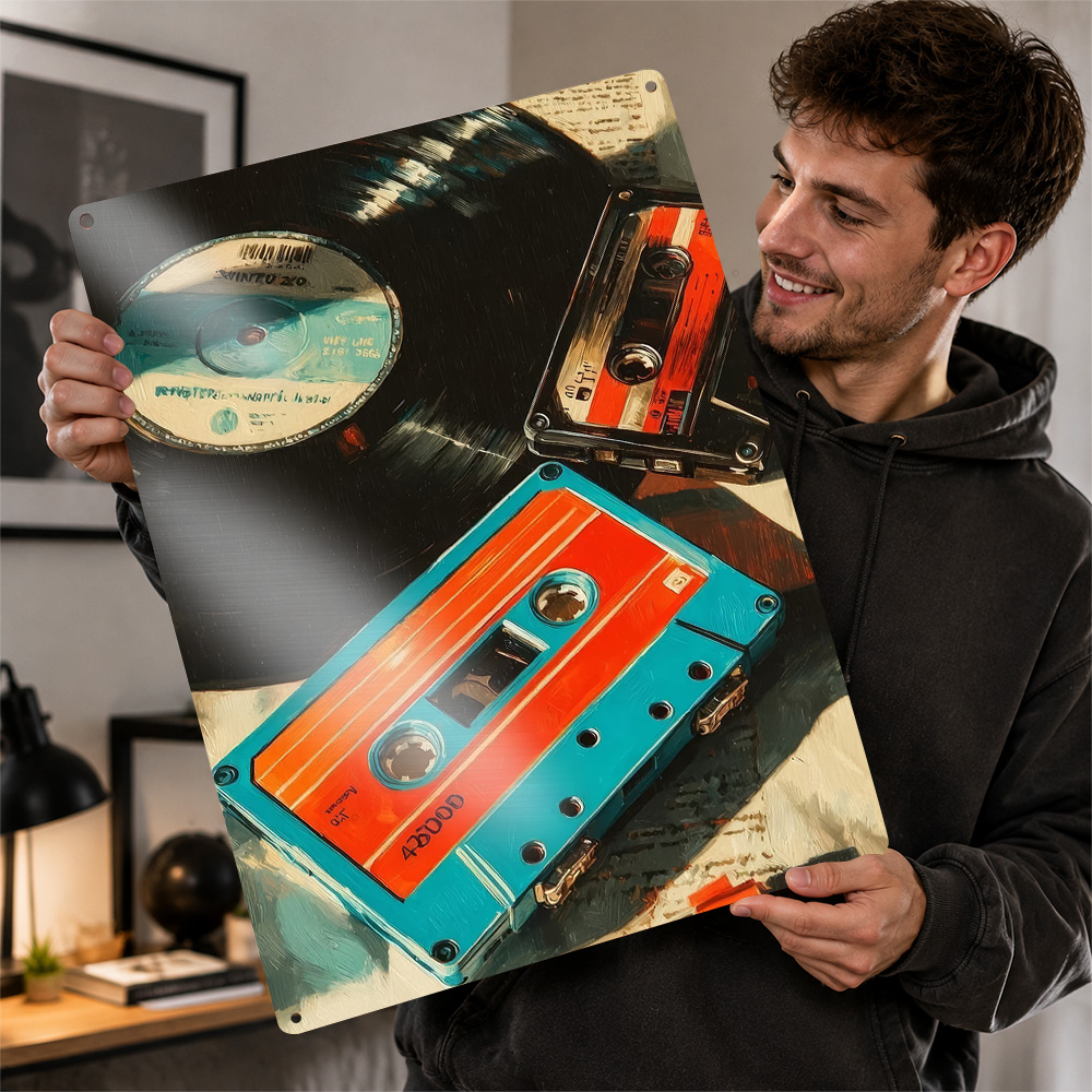 Vintage Items Collection - คอลเลกชันสื่อเพลงย้อนยุค โปสเตอร์โลหะ 3D แบบมีพื้นผิวเฉพาะตัว งานศิลปะติดผนัง ป้ายโลหะวินเทจสำหรับตกแต่งห้องนั่งเล่น